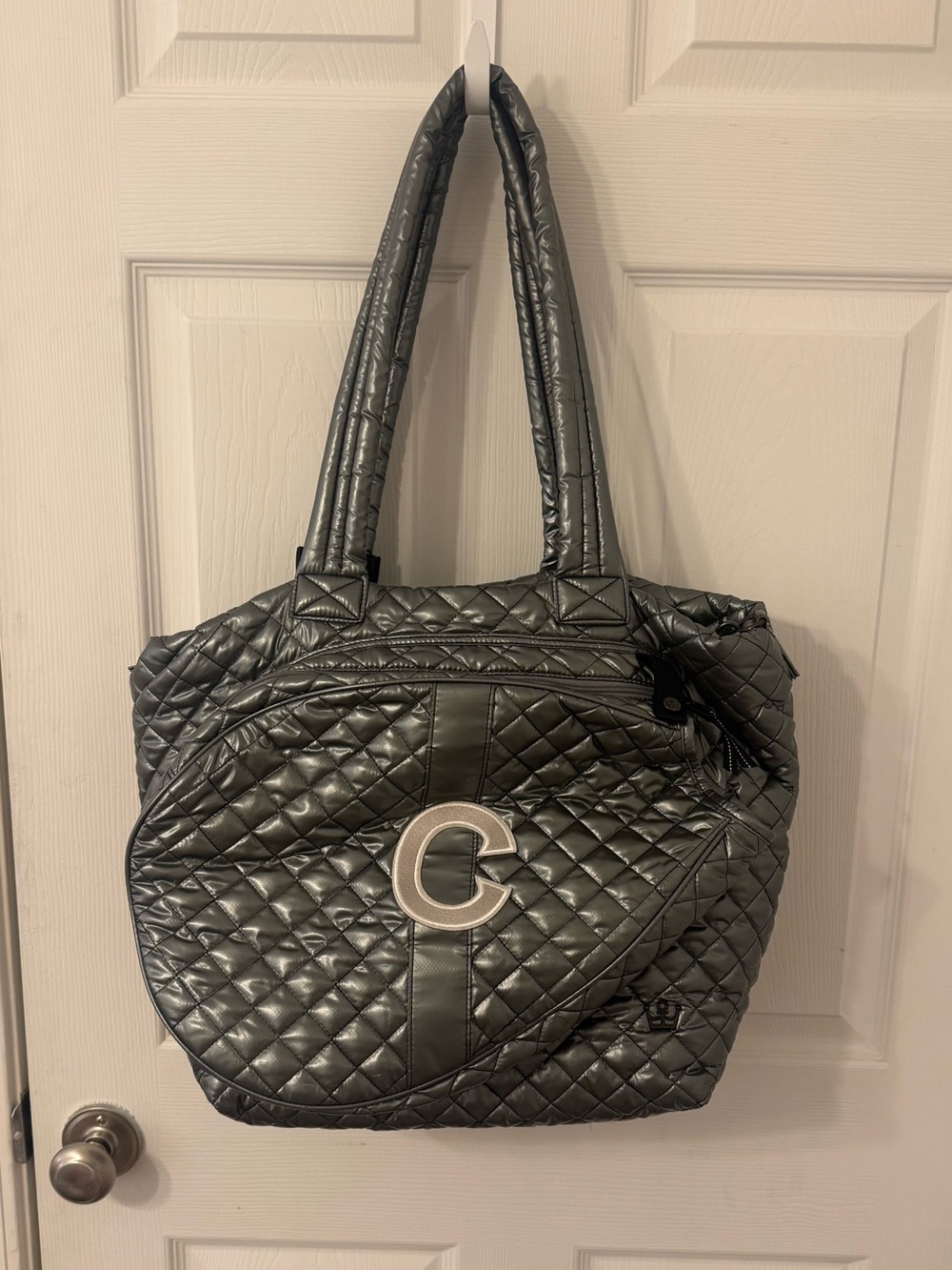 Oliver Thomas Silver Quilted Tennis Bag With C Initial